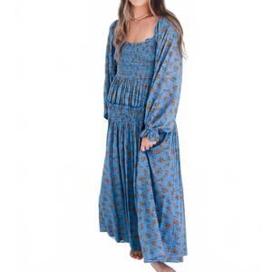 NEW WILDFLOWER women's floral long sleeve maxi dress in denim blue